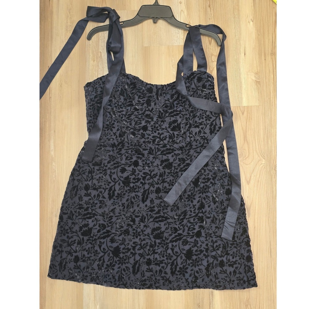 House of Harlow 1960 Navy Blue Burnout Velvet Floral Tie Strap Mini Dress Large - Picture 2 of 9